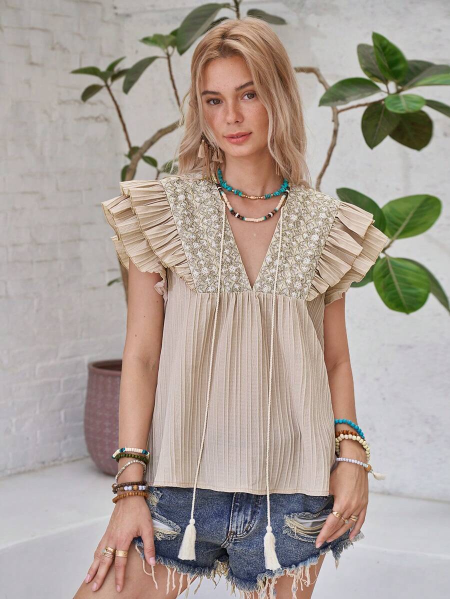 LanaWest Nuova blusa casual con scollo a V, ricamo in pizzo, maniche a volant e fiocco decorativo sulla parte anteriore, adatta per le vacanze, modello ampio