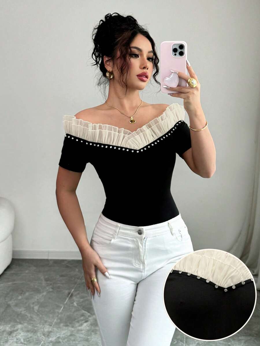 Elenzga Women's Sexy Summer Crop Top, Off Shoulder Floral Lace Splice Rhinestone Decor Slim Fit Short Sleeve T-Shirt