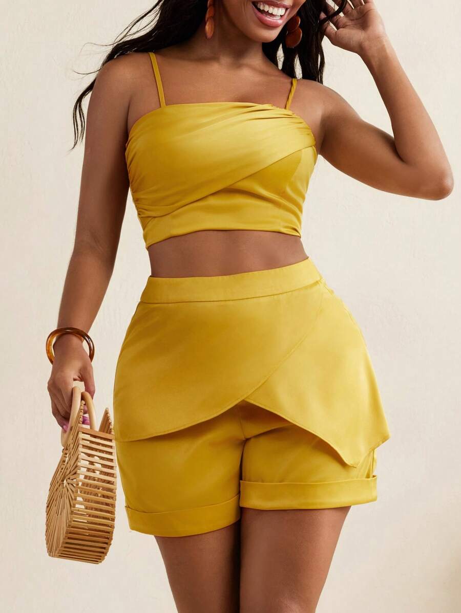 SOPHIA JUDE Golden Satin Overlap Ruching Crop Top Women Summer Outfits
