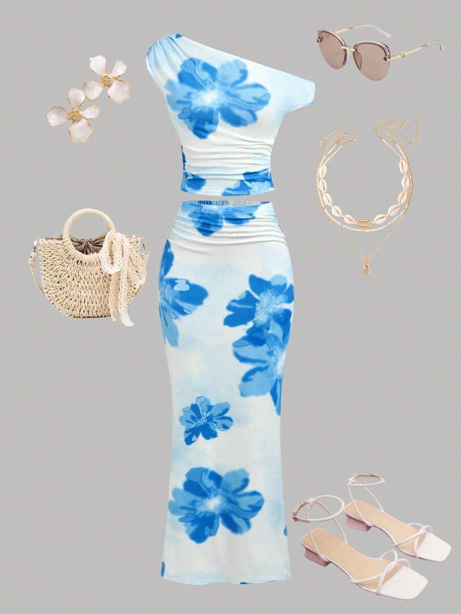 Girlism Teengirl 2 Pieces Set: Blue Casual Floral Pattern Asymmetrical Ruched Snug Fit Mini Skirt, Suitable For Summer, Vacation Outfits Young Girls Sets Summer Outfits 15 16