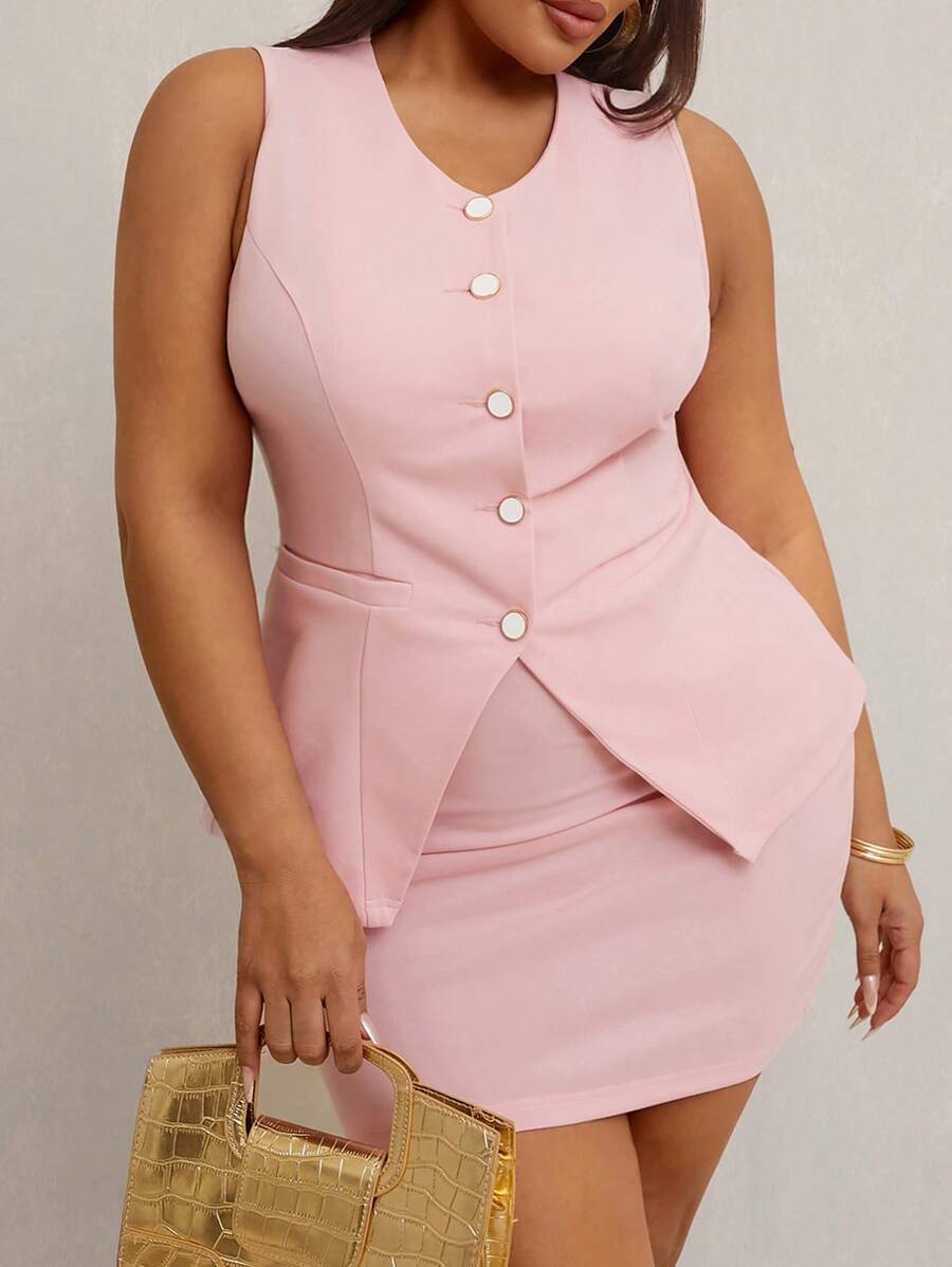 SHEIN SXY Conjunto elegante y sexy para mujer de talla grande: Top ajustado sin mangas de unicolor + Falda lápiz a juego, para primavera y verano