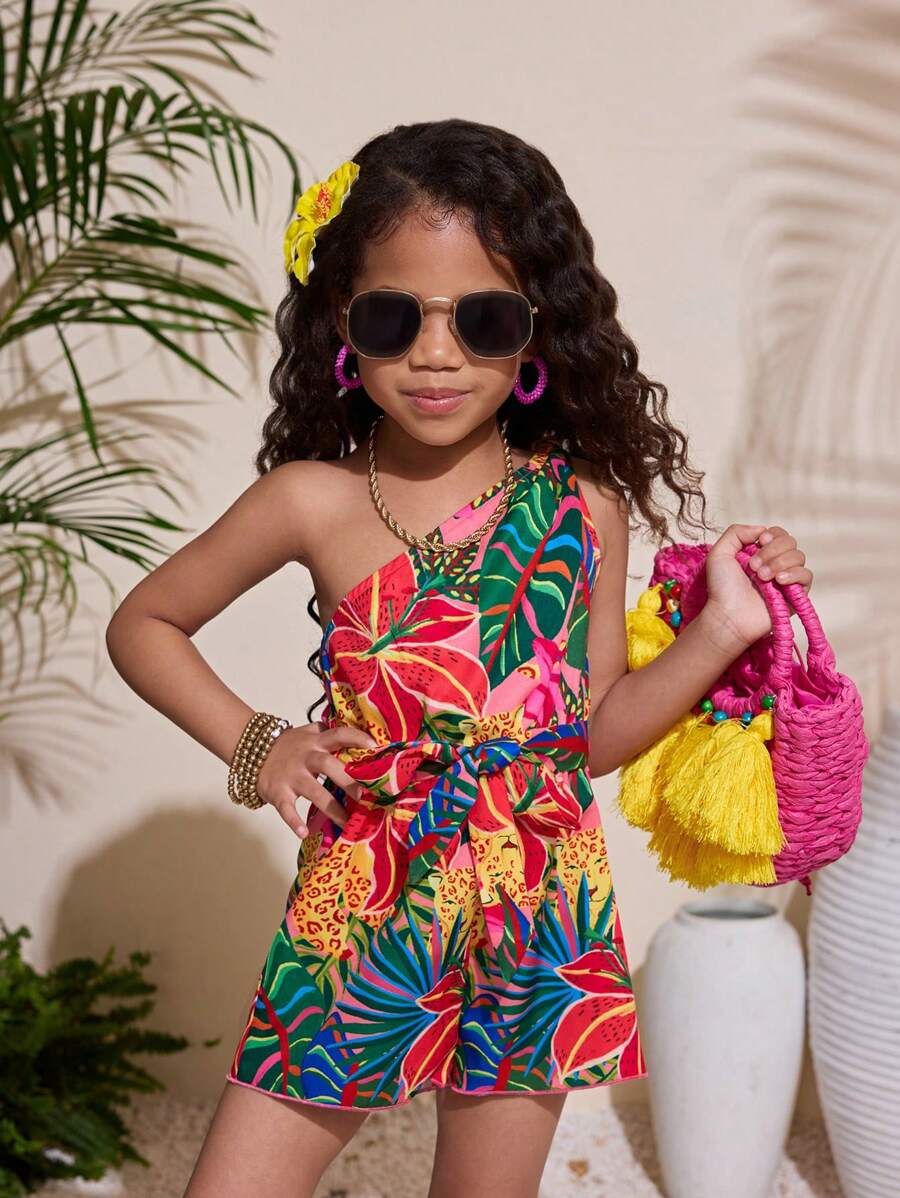 Mono de niña con estampado tropical y cuello halter, adecuado para la playa/vacaciones