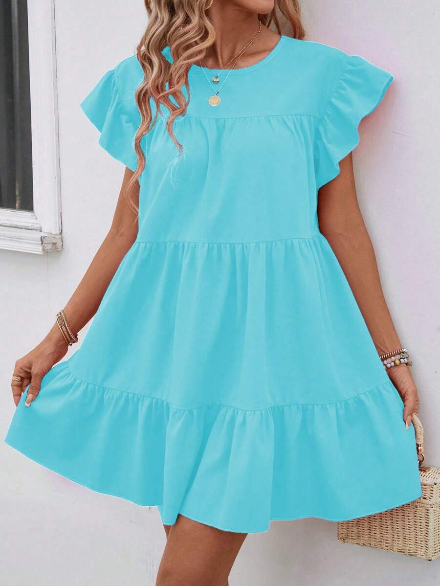 SHEIN LUNE Women Summer Solid Color Round Neck Loose Babydoll Dress With Ruffle Trim Vacation Beach Outfit
