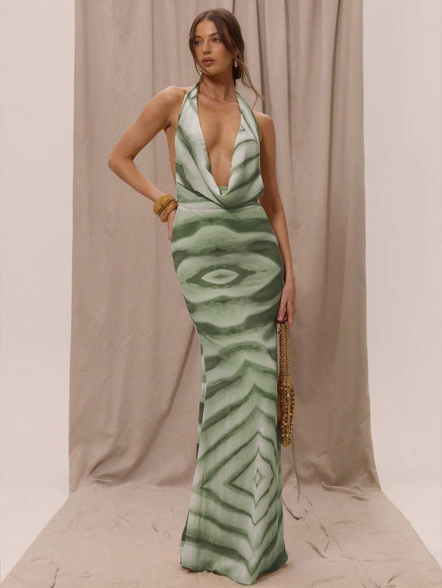 MUSERA Vestido maxi con cuello halter, drapeado, escote delantero muy pronunciado, espalda baja, dobladillo flotante, para primavera y verano, vacaciones, elegante, bohemio, romántico, ideal como invitada a una boda en Ibiza