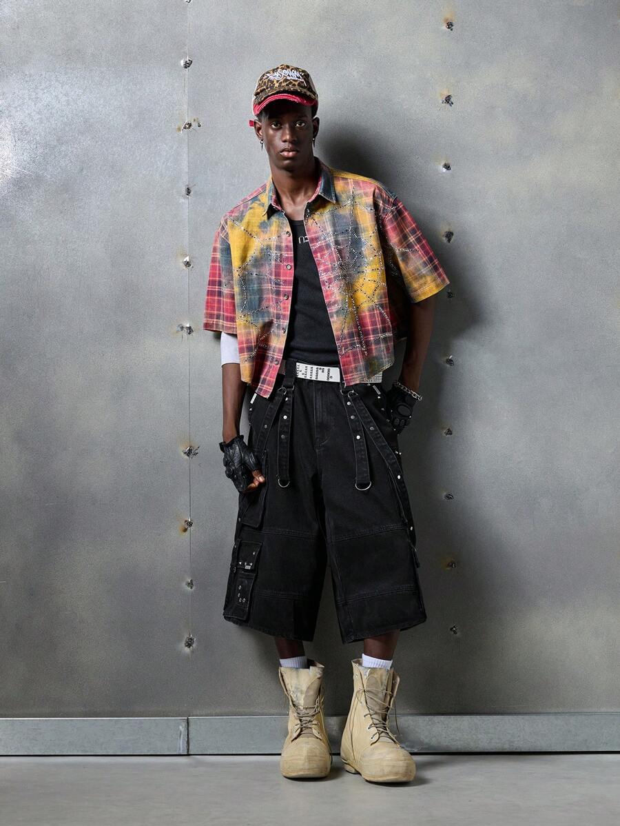 NEON BLANC Pantaloncini di jeans sfoderati e larghi, stile da strada, edizione streetwear per uomo