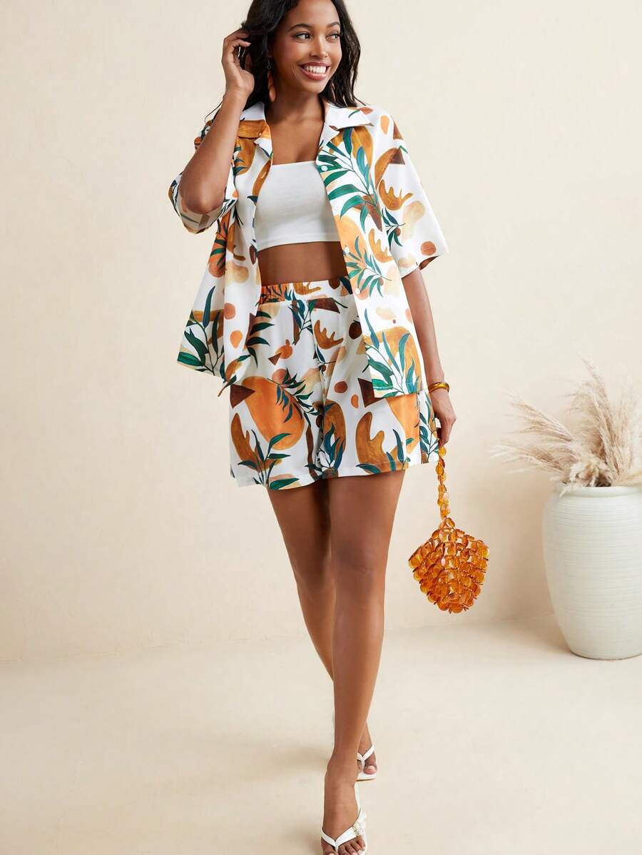 EBIB Blossom Drift Abstract Tropical Floral Printed Elastic Waist A-Line Shorts Women Vacation