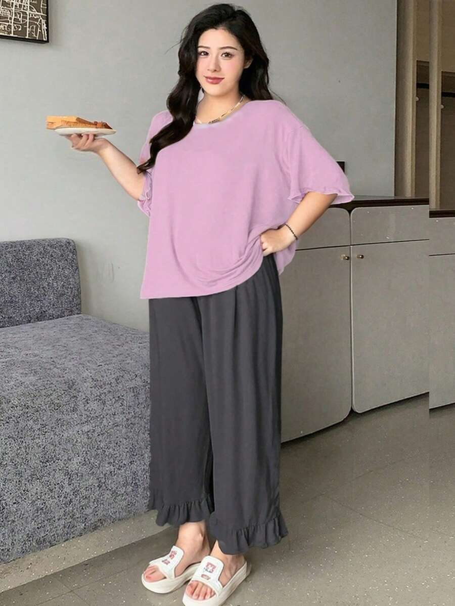 Dazy Plus Conjunto de pijama de talla grande con top suelto de unicolor y pantalones con volados en el bajo y cintura con cordón, para mujer en casa o de vacaciones