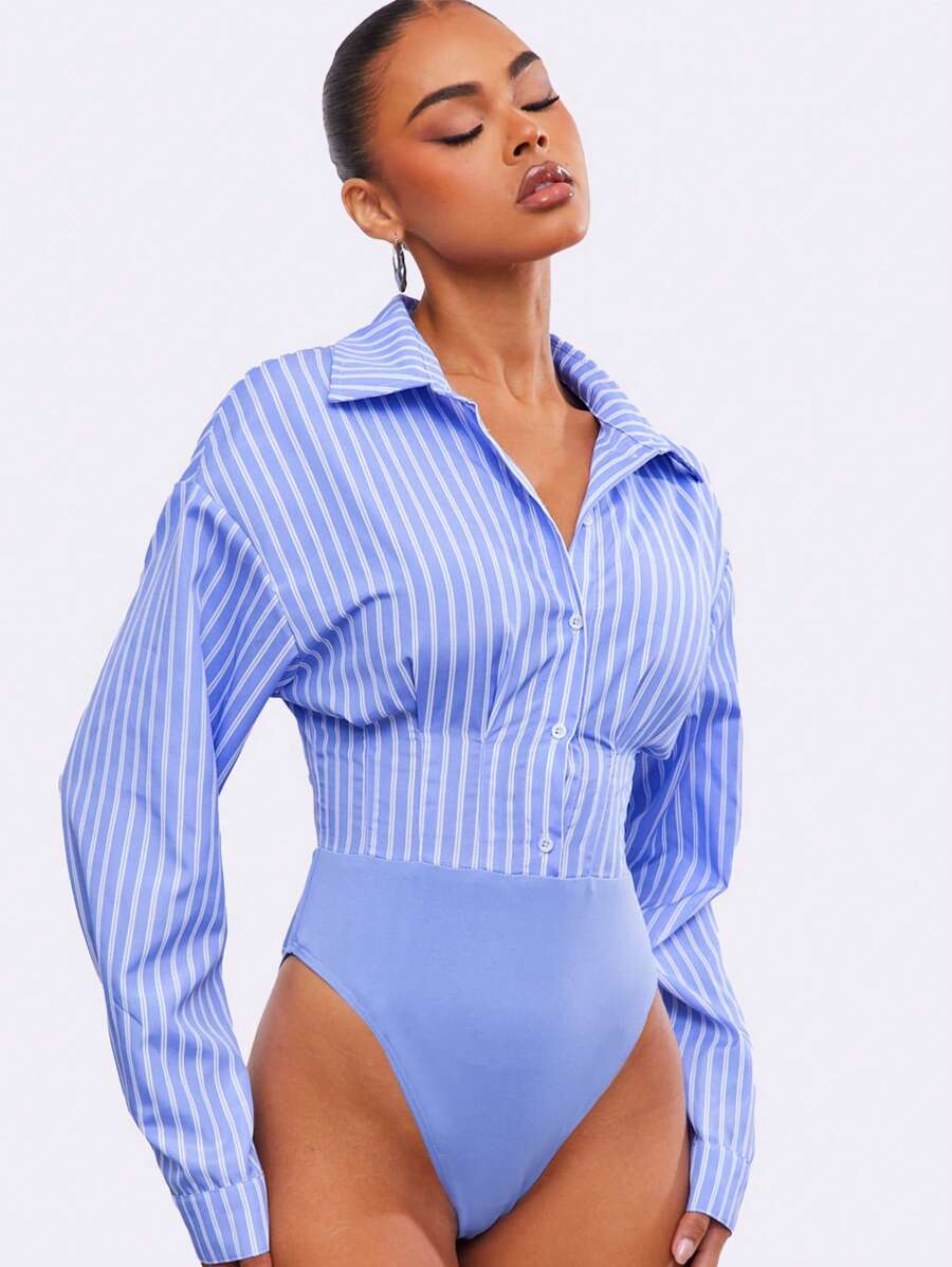 Hauture Striped Print Front Button Elegant Commuter Long Sleeve Bodysuit