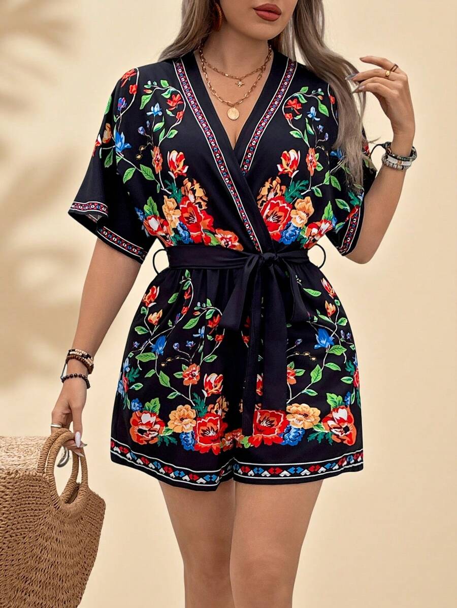 Breezaya Flowers Birds Plus Size Women's Floral Print V-Neck Summer Boho Jumpsuit Tropical Colorblock Floral Print Vacation Fashionable Style