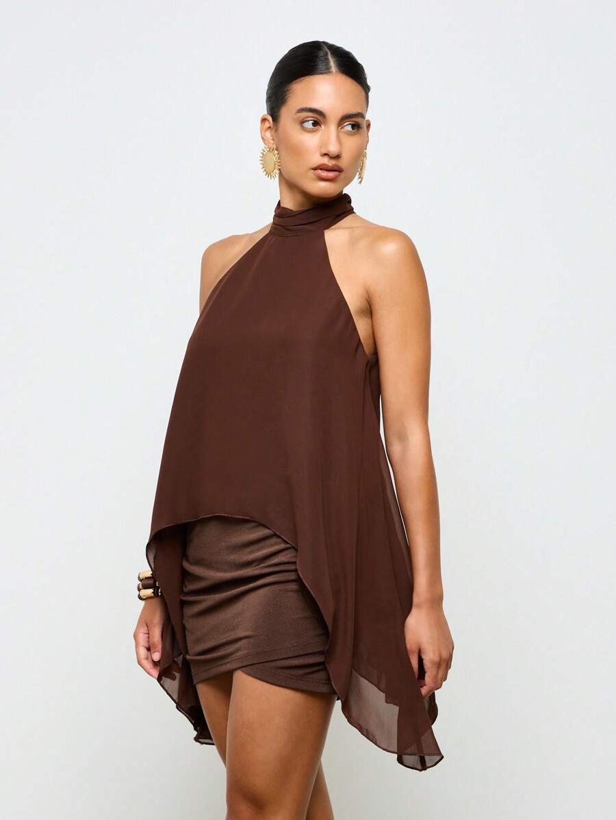 AiiRZ Canotta con scollo a giro e effetto cascata, blusaCarsaablu in chiffon drappeggiato, con orlo asimmetrico, abbigliamento da festa e da sera, smanicata, con orlo alto-basso, moda autunnale