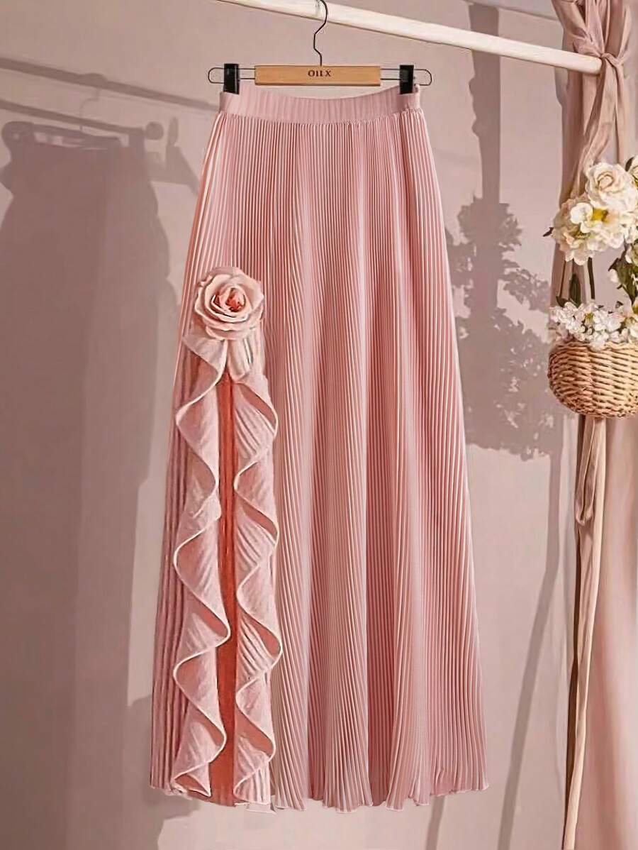 SHEIN Clasi Gonna elegante con vita elastica, colore unito, decorazione floreale 3D, taglie comode