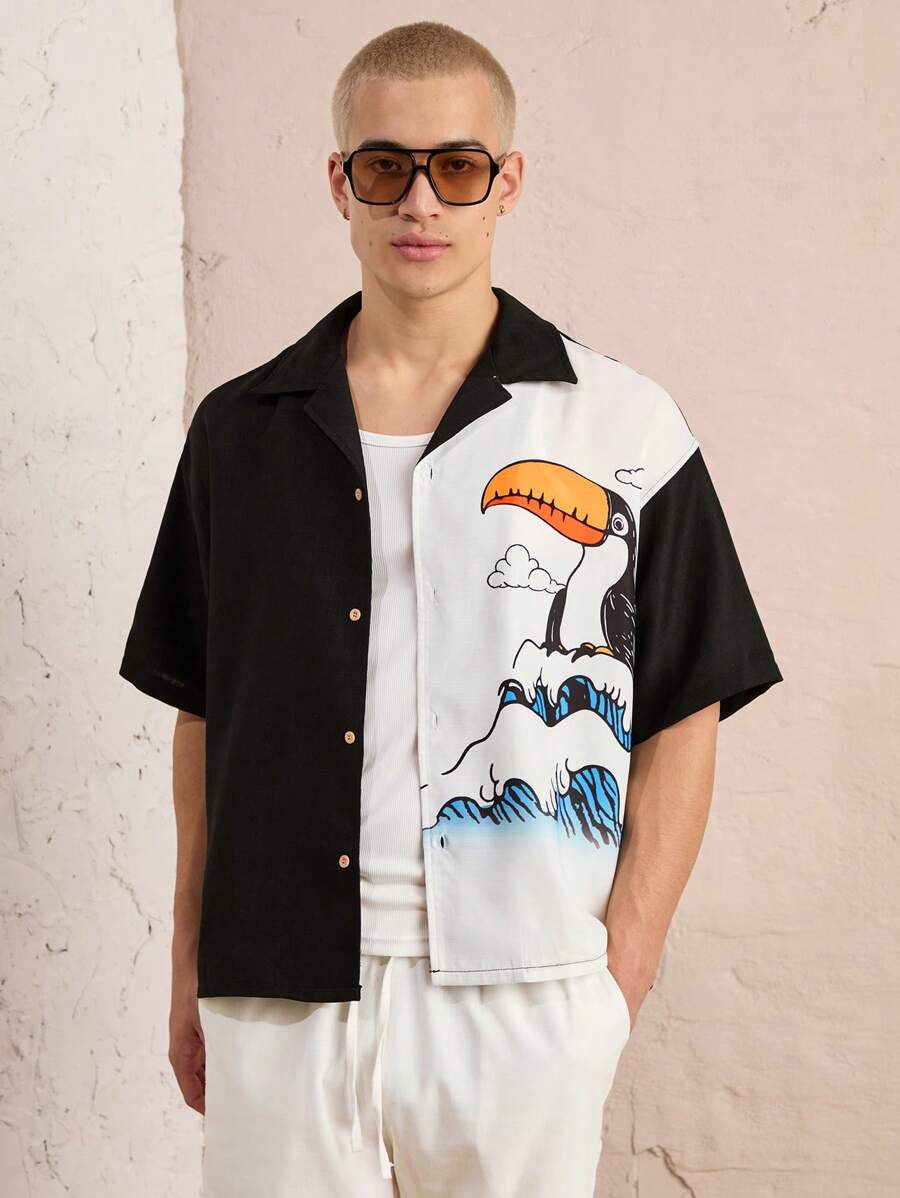 Manfinity Unisex Multi-Size Contrast Color Lapel Short Sleeve Loose Fit Men Shirt