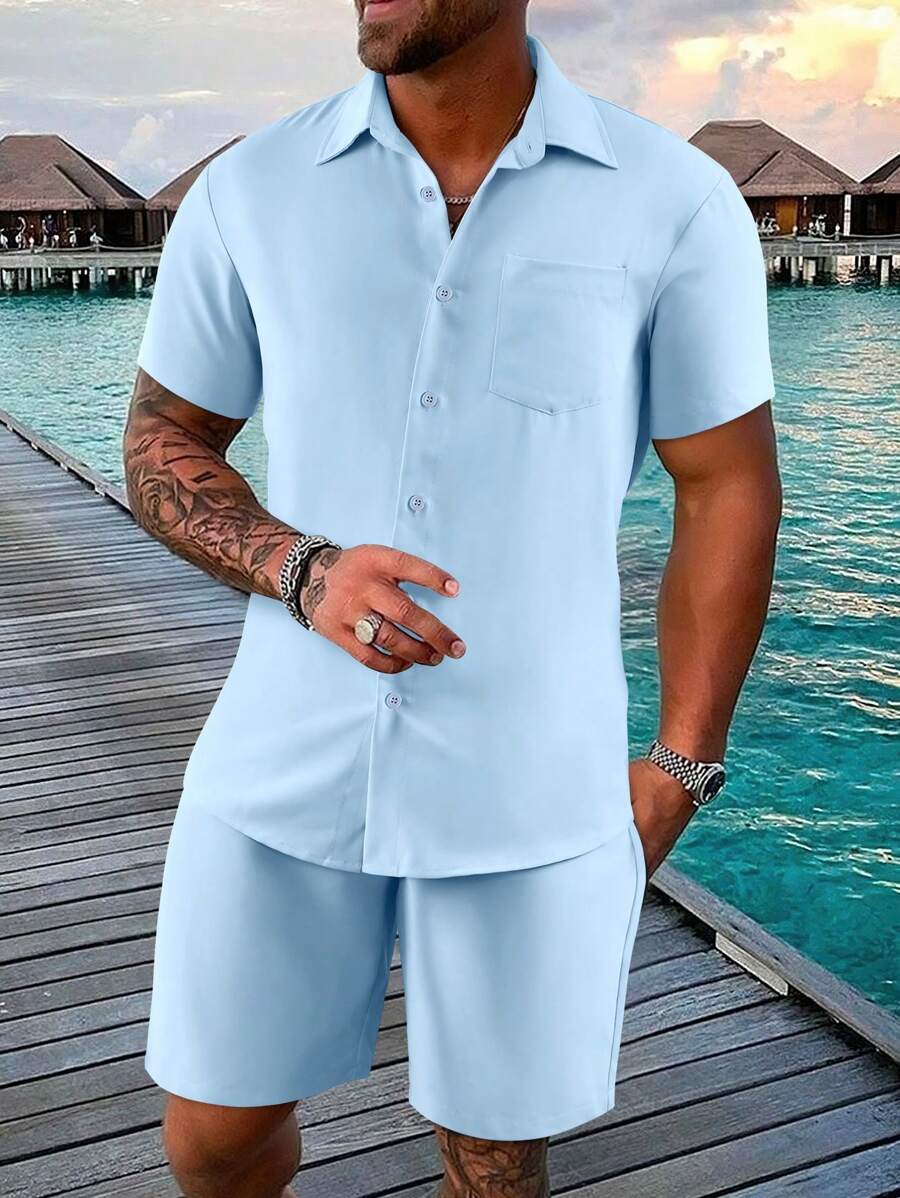 Manfinity RSRT Camisa y pantalones cortos lisos para hombres para vacaciones de verano, conjunto de dos piezas para vacaciones de verano para hombres, atuendo de vacaciones para hombres