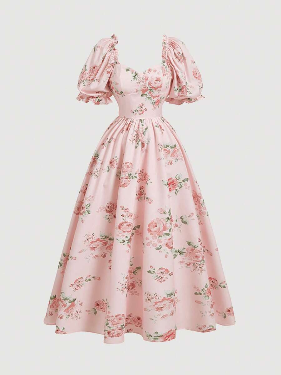 SHEIN MOD Vestido elegante de manga abullonada con estampado de longitud media para mujeres