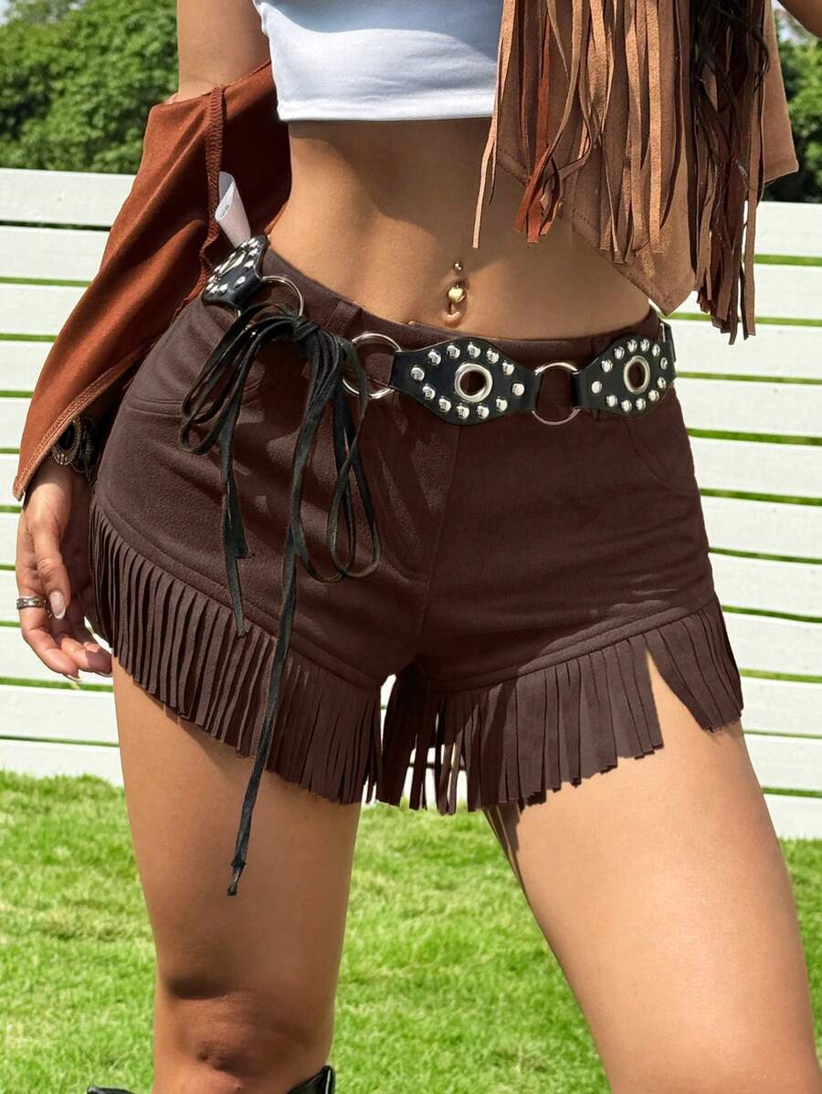 SHEIN EZwear Shorts casuales de verano para mujer con decoración de flecos para vacaciones