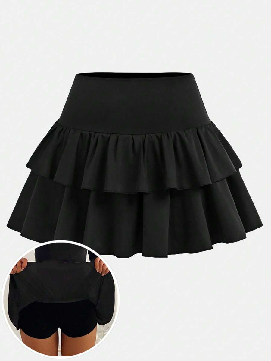 SHEIN Girlism Teen Girls Casual, Sports, Preppy, Back To School, Black Layered Ruffle Hem Cake Tutu Skirt Shorts Skirt, Spring And Summer