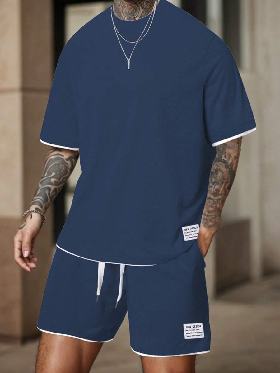 Manfinity Homme Contrast Trim Patch Round Neck T-Shirt And Drawstring Waist Pocket Shorts 2-Piece Set Casual Two Pieces Set Men Men Clothes Men T Shirt Co Ords Mens 2 Pieces Outfits Summer