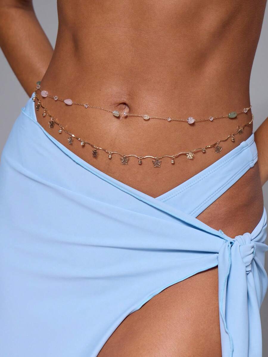 MUSERA Butterfly Gold Waist Belt Chain Crystal Pearl Chain Festival