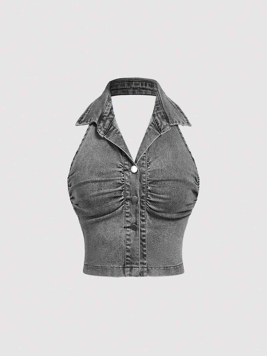 SHEIN MOD Women's Solid Color Front Button Sleeveless Sexy Denim Camisole Top