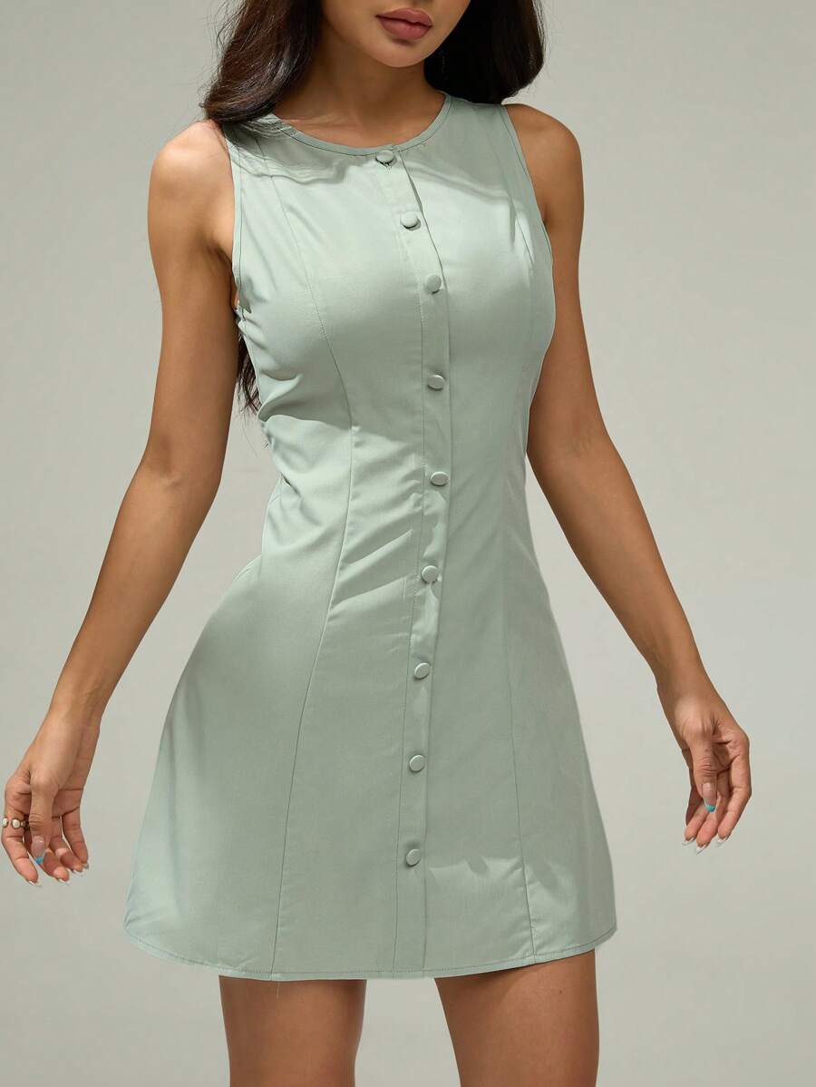 SHEIN PETITE Vestito casual senza maniche con collo tondo e bottoni frontali, tinta unita