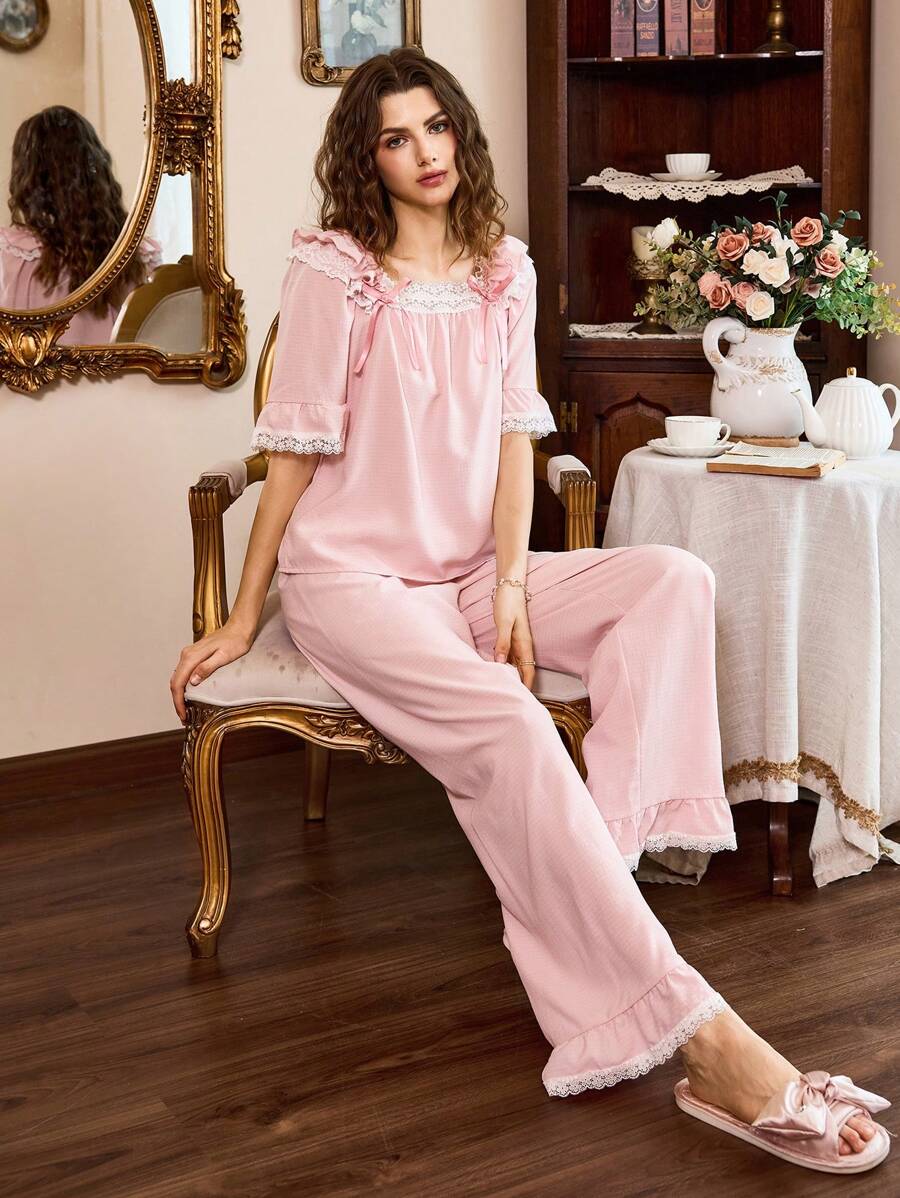 Côtesoire 2 piezas Conjunto de pijama estilo retro y romántico para mujer