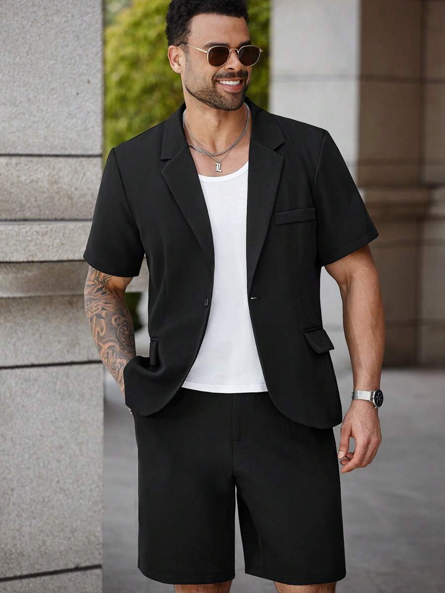 Manfinity Homme Plus Size Men Lapel Neck Shirt And Shorts Suit Set