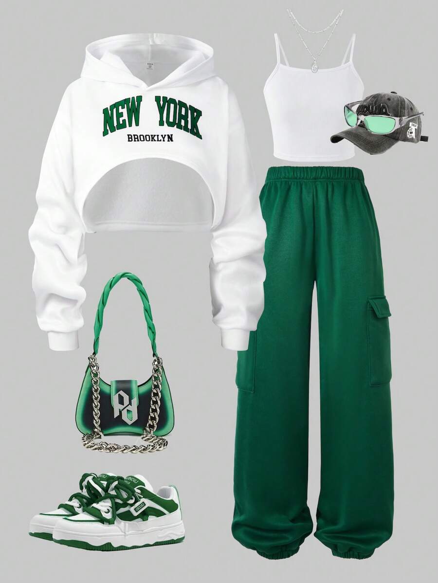 SHEIN Conjunto informal de 3 piezas para adolescentes: Sudadera de punto con estampado de letras, camiseta y pantalón cargo, otoño/invierno