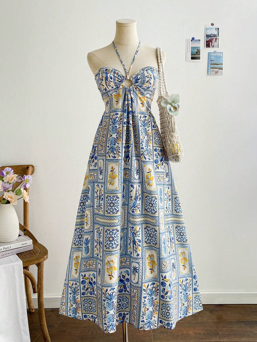 Soleia Abito da donna con stampa a toppework tropicale sudamericano con uccelli e foglie di ananas, con scollo a tubino, schiena scoperta e fiocco in vita, adatto per le vacanze