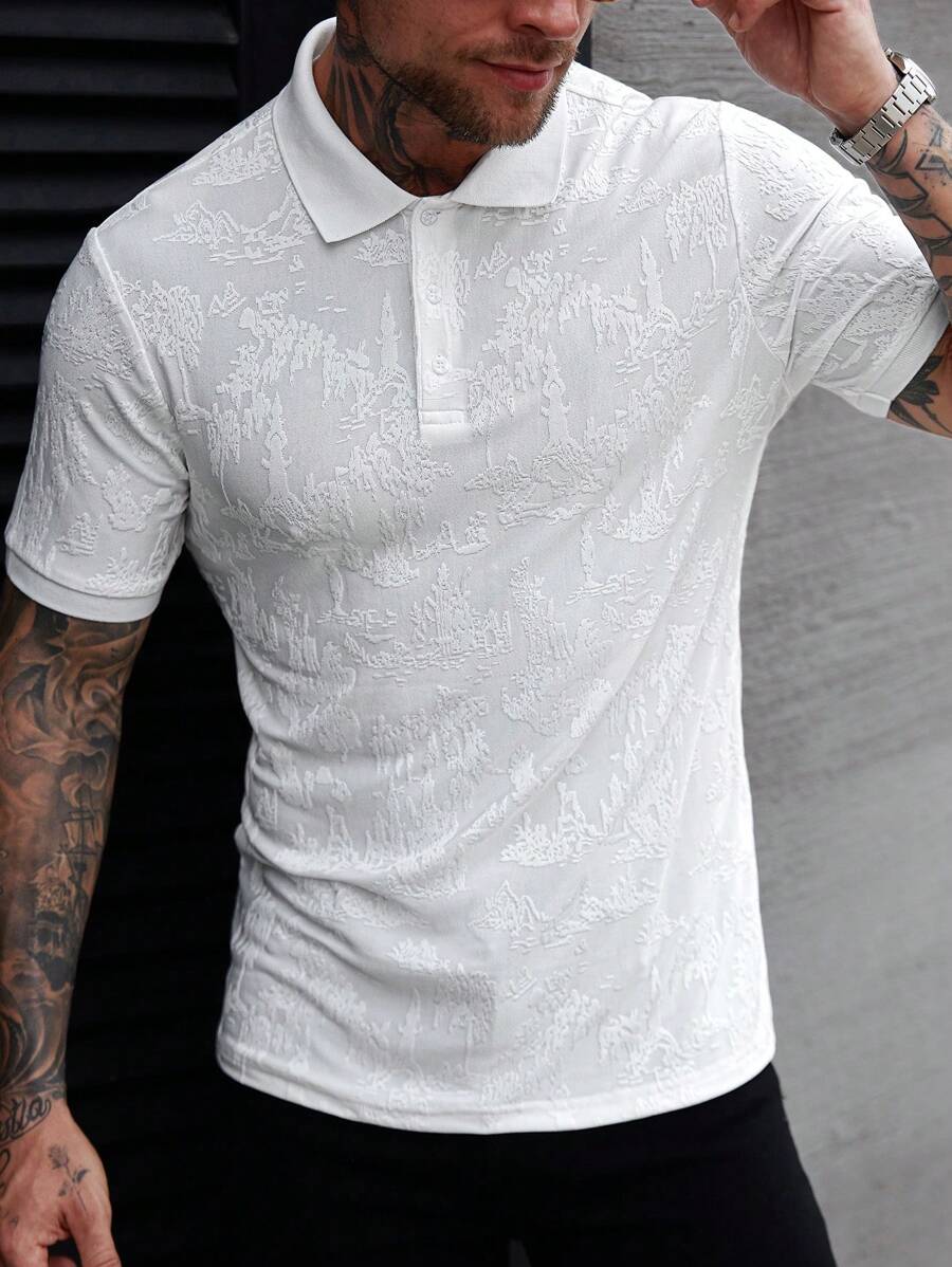 Manfinity Homme Camisa polo de manga corta casual para vacaciones con cuello y puños de tejido de punto texturizado, tela con estampado de paisaje jacquard