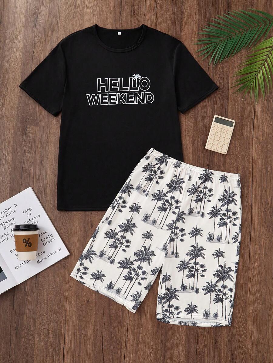 Set de 2 piezas de pijama casual de vacaciones para hombre con estampado de letras y manga corta