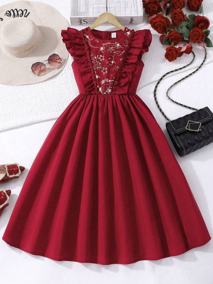 SHEIN Tween Girl Wine Red Woven Dress, With Sequins Embroidery Splice On Front Chest, Cap Sleeves, Ruffle Front, Elegant And Vintage, Suitable For Ball And Party