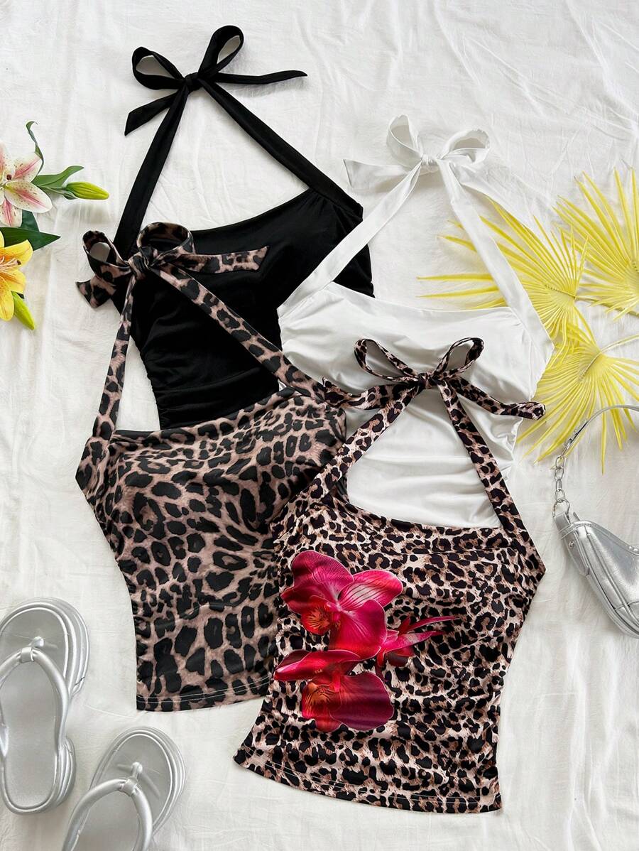 Soleia Completi estivi da donna per vacanze, festival, rave, concerti e uscite, in stile baddie, comprendenti top fascia, crop top, canotte con stampe leopardate, canotte con taglio sulla schiena e annodatura anteriore.