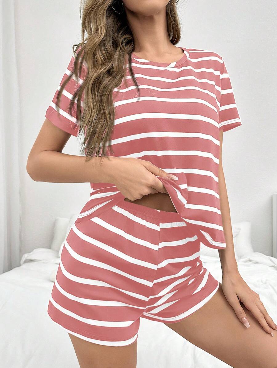 CoupledUp Set de 2 piezas de pijama informal de mujer a rayas rosa y blanco - shorts
