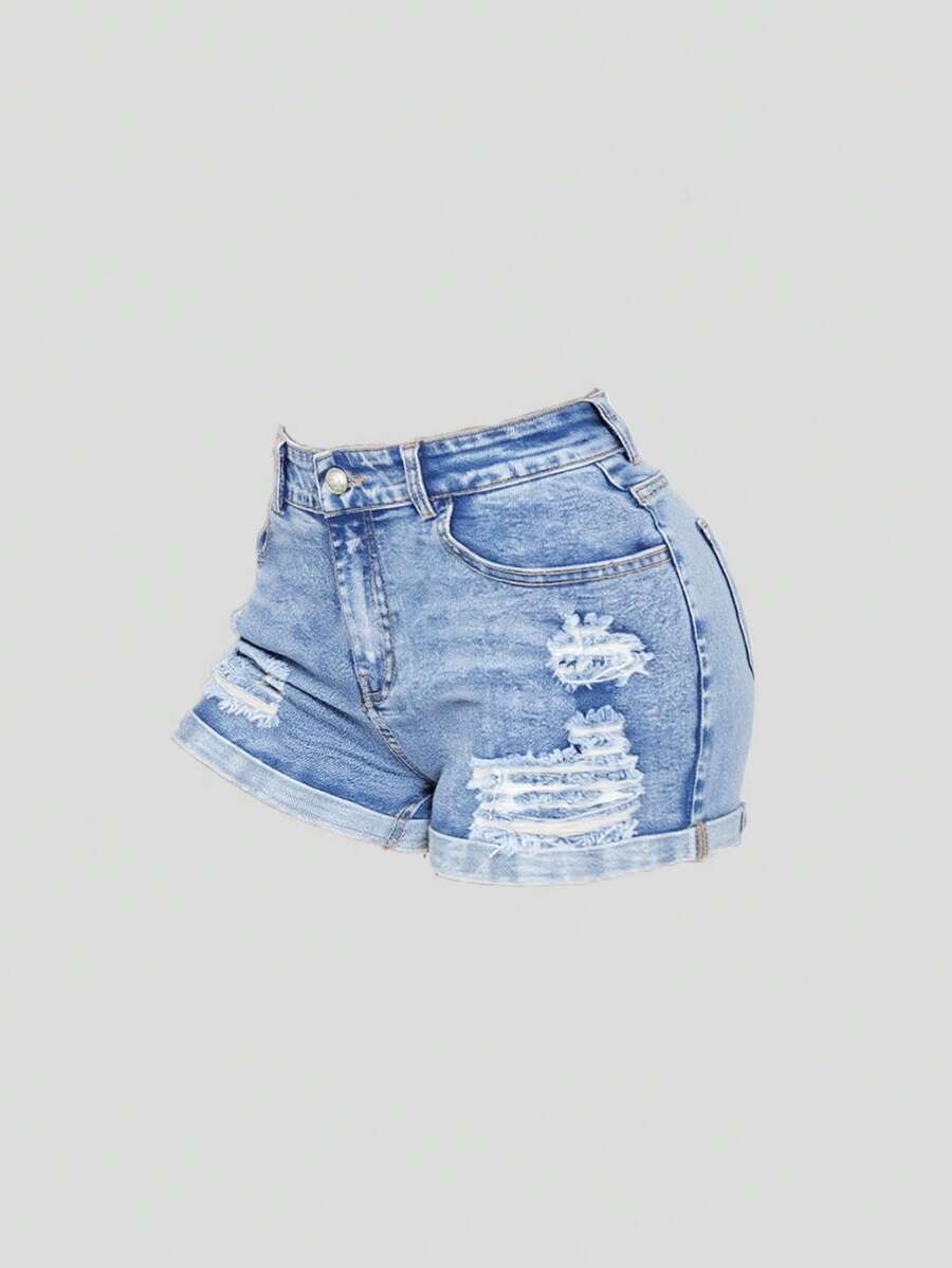 SHEIN Girlism Shorts vaqueros informales con bolsillos y efecto desgastado para adolescentes durante el verano