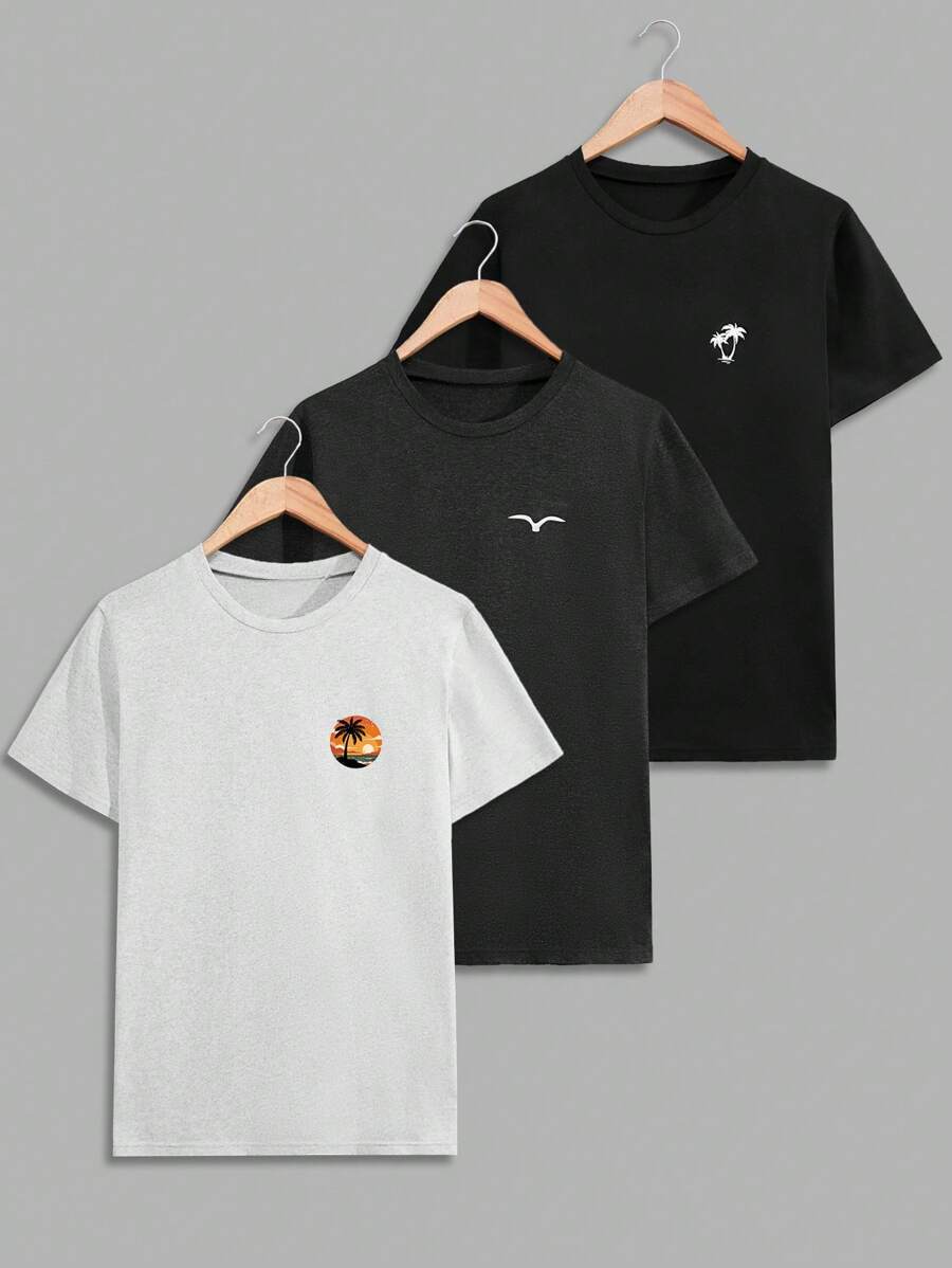 RueChic Set de 3 camisetas de manga corta regulares con estampado de vibe de verano para hombre