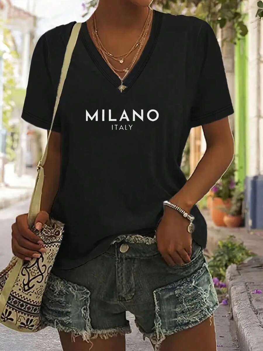 Black Minimalist Letter Print V-Neck Short Sleeve Casual T-Shirt For Women