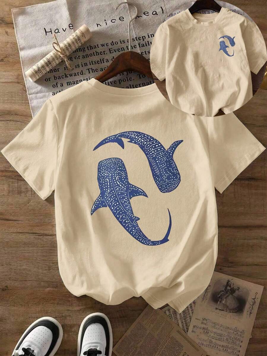 Maglietta a maniche corte da donna con stampa di balena blu e motivi marini, con collo rotondo