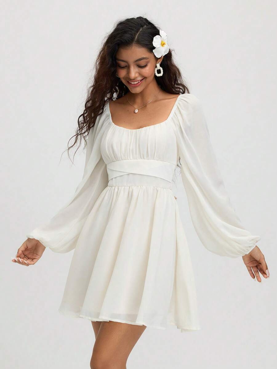 SHEIN MOD Abito corto estivo da donna in chiffon color albicocca con fiocco e maniche a lanterna