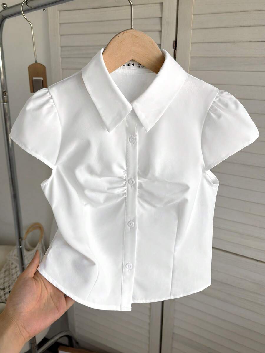 SHEIN Chaqueta corta ajustada con manga corta, cuello y botones para niña preadolescente, estilo universitario, color blanco