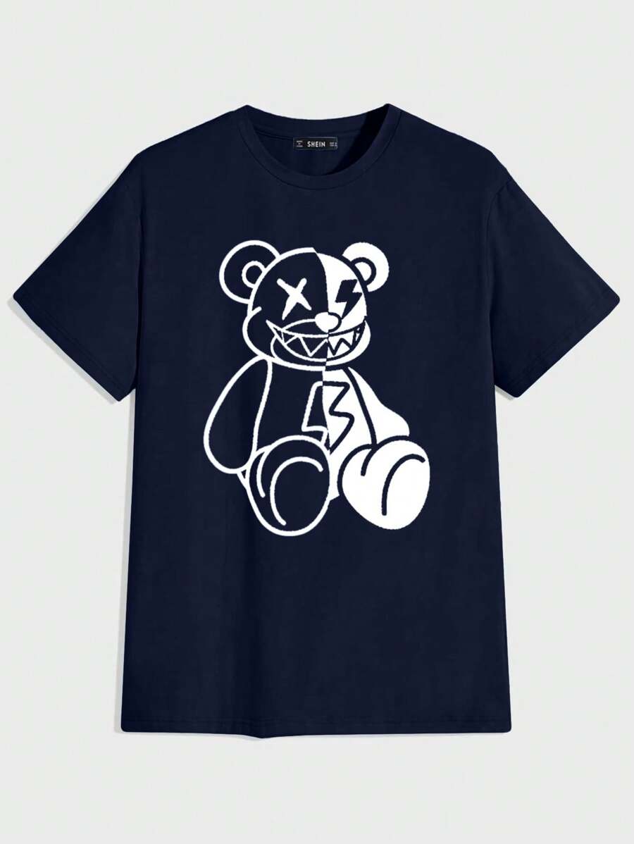 RueChic T-shirt à col rond à manches courtes imprimé ours décontracté pour hommes, été