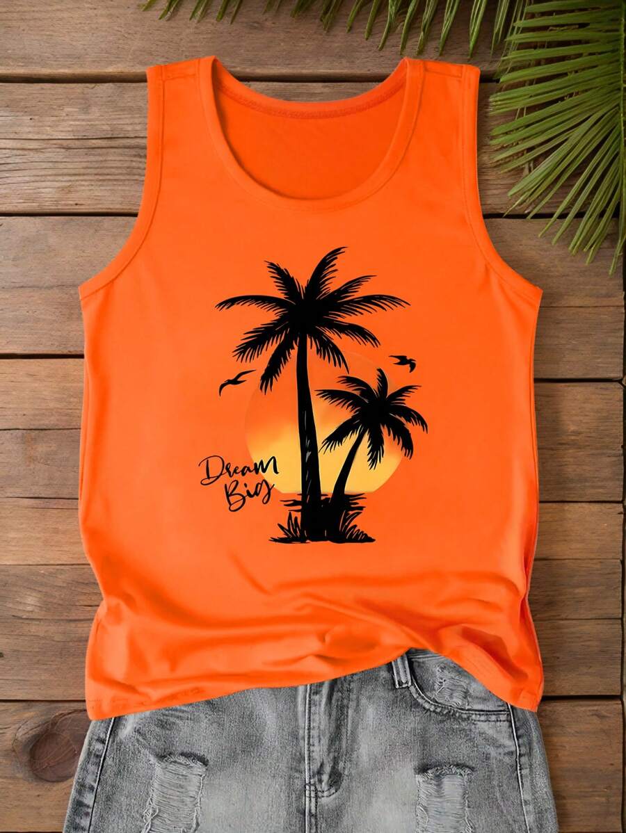 SHEIN LUNE Blusa sin mangas de cuello redondo con estampado de letra de palmera, estilo vacacional, para tallas grandes de mujer