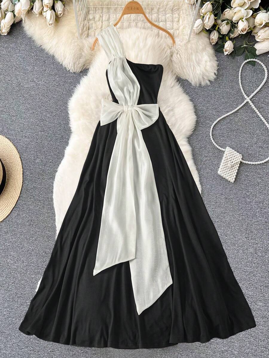Calvaya Elegante abito da donna con spalle scoperte e fiocco