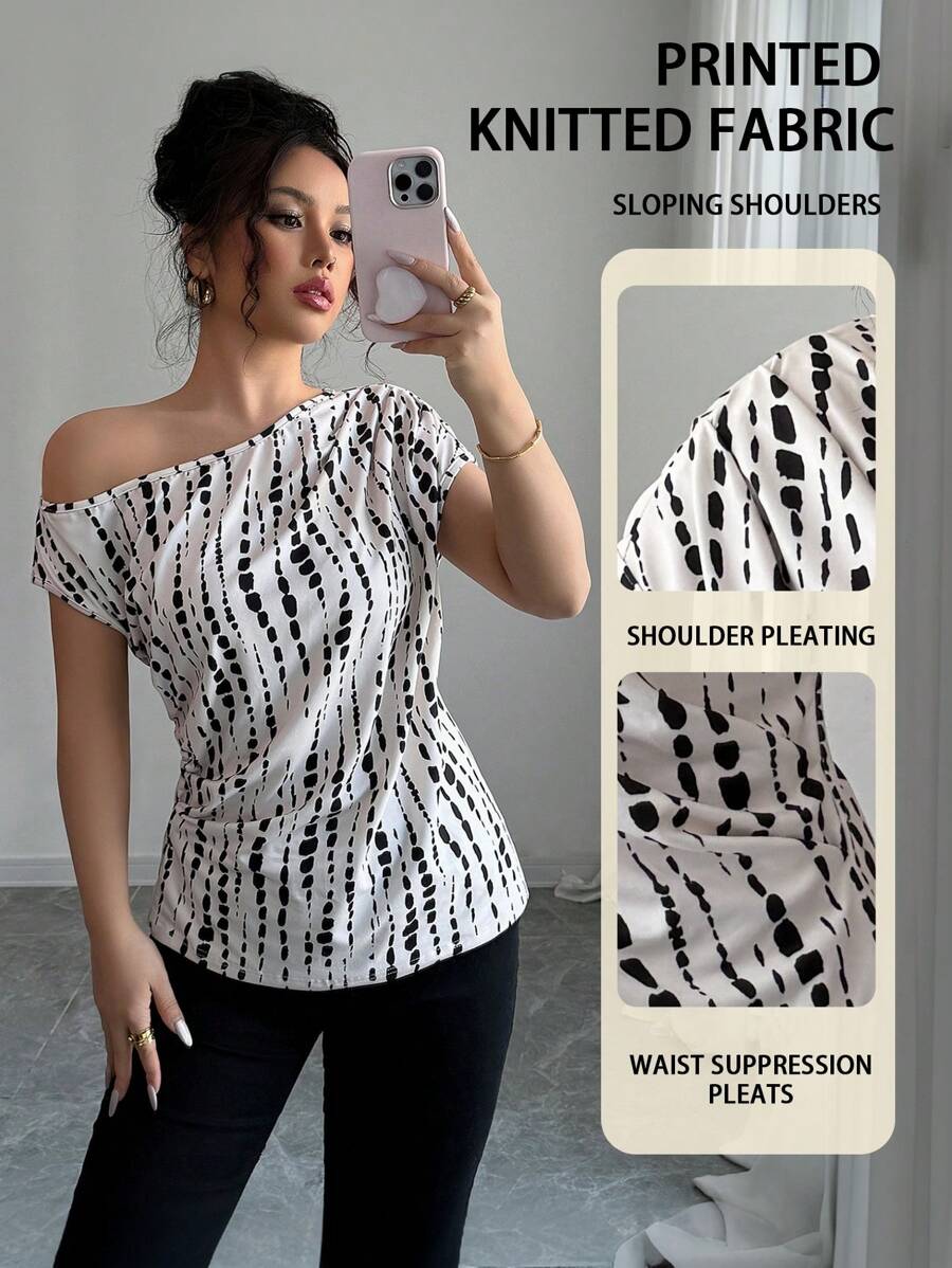 Elenzga Top asimmetrico con maniche a pipistrello, spalle inclinate, con stampa all-over, adatto per appuntamenti, lavoro, vacanze, festività, abbigliamento casual, stile boho per l'estate