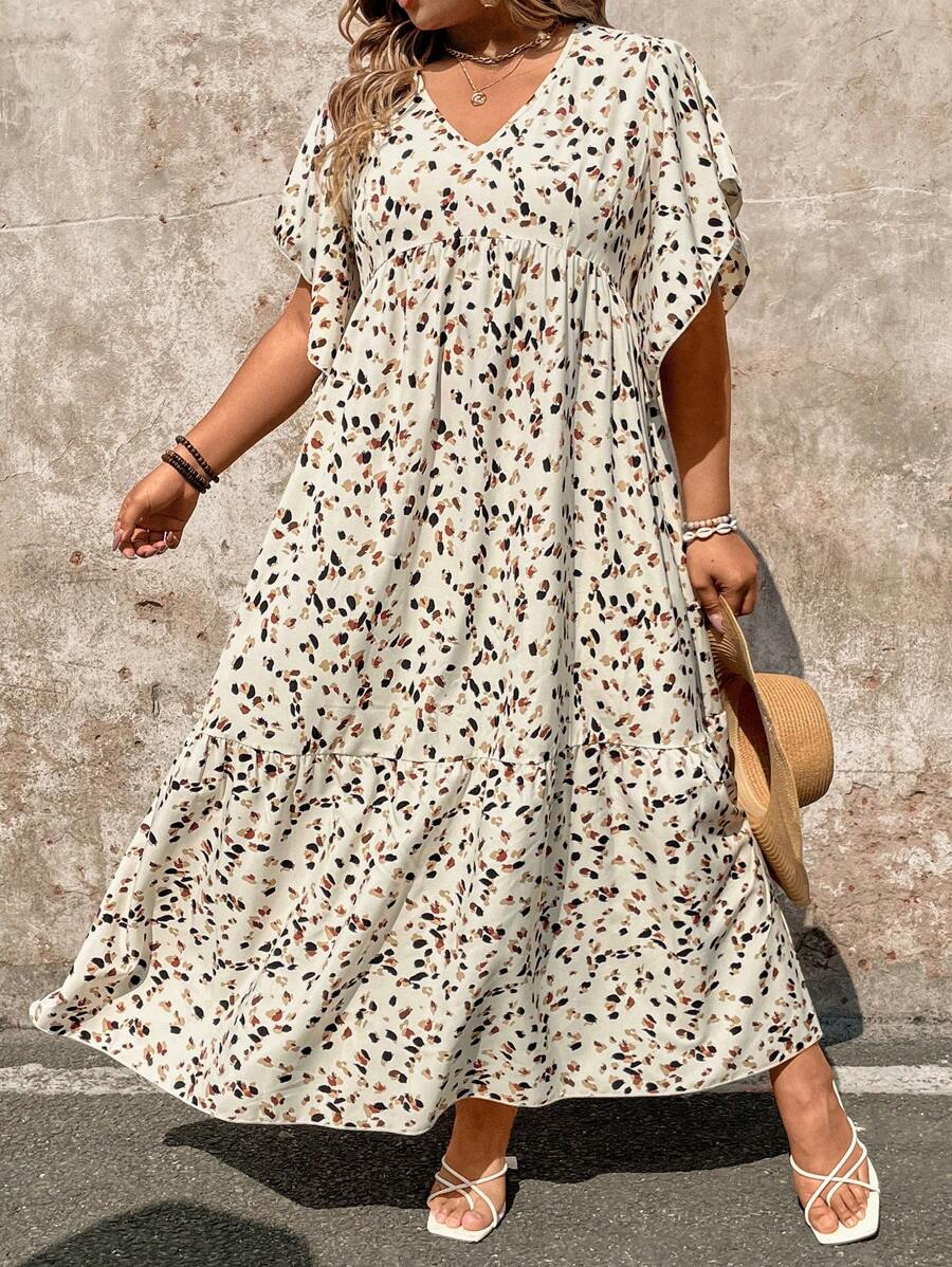 SHEIN CURVE+ Robe maxi ample avec manches à volants, col en V, patchwork pour femmes de grande taille, motif fleuri élégant