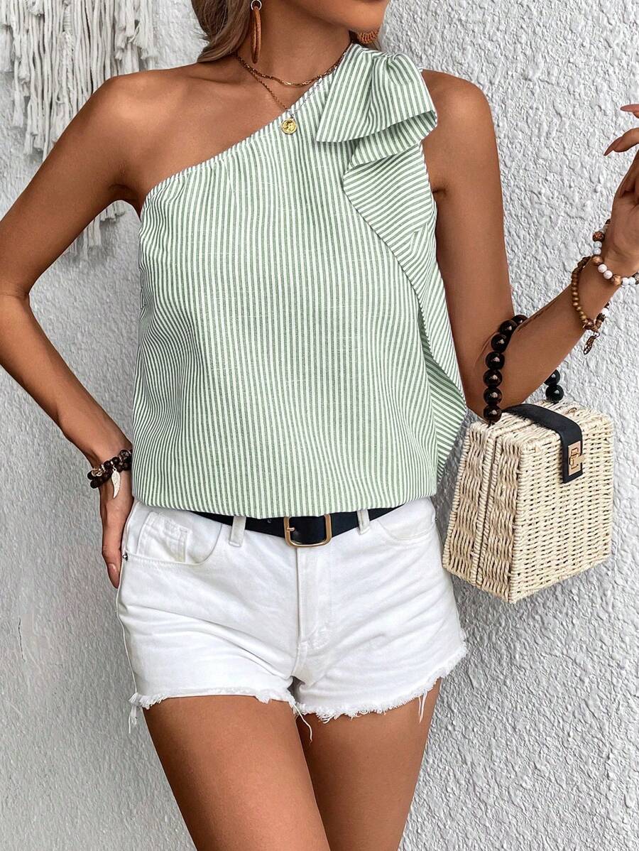 Calvaya Women's Asymmetric Neckline Sleeveless Striped & Printed Casual Shirt, Summer One Shoulder Top