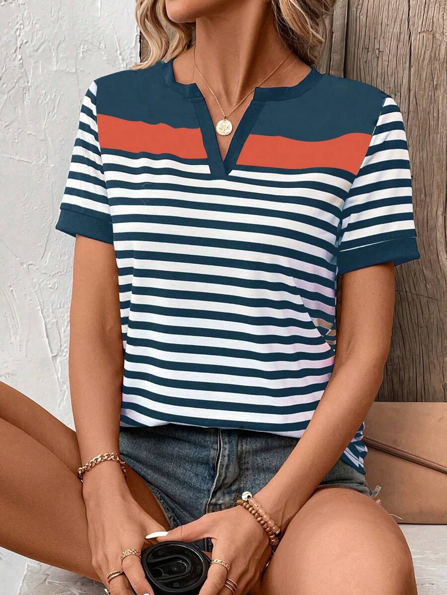 EMERY ROSE Maglietta casual da vacanza estiva con collo a intaglio, a blocchi di colore asimmetrico e righe