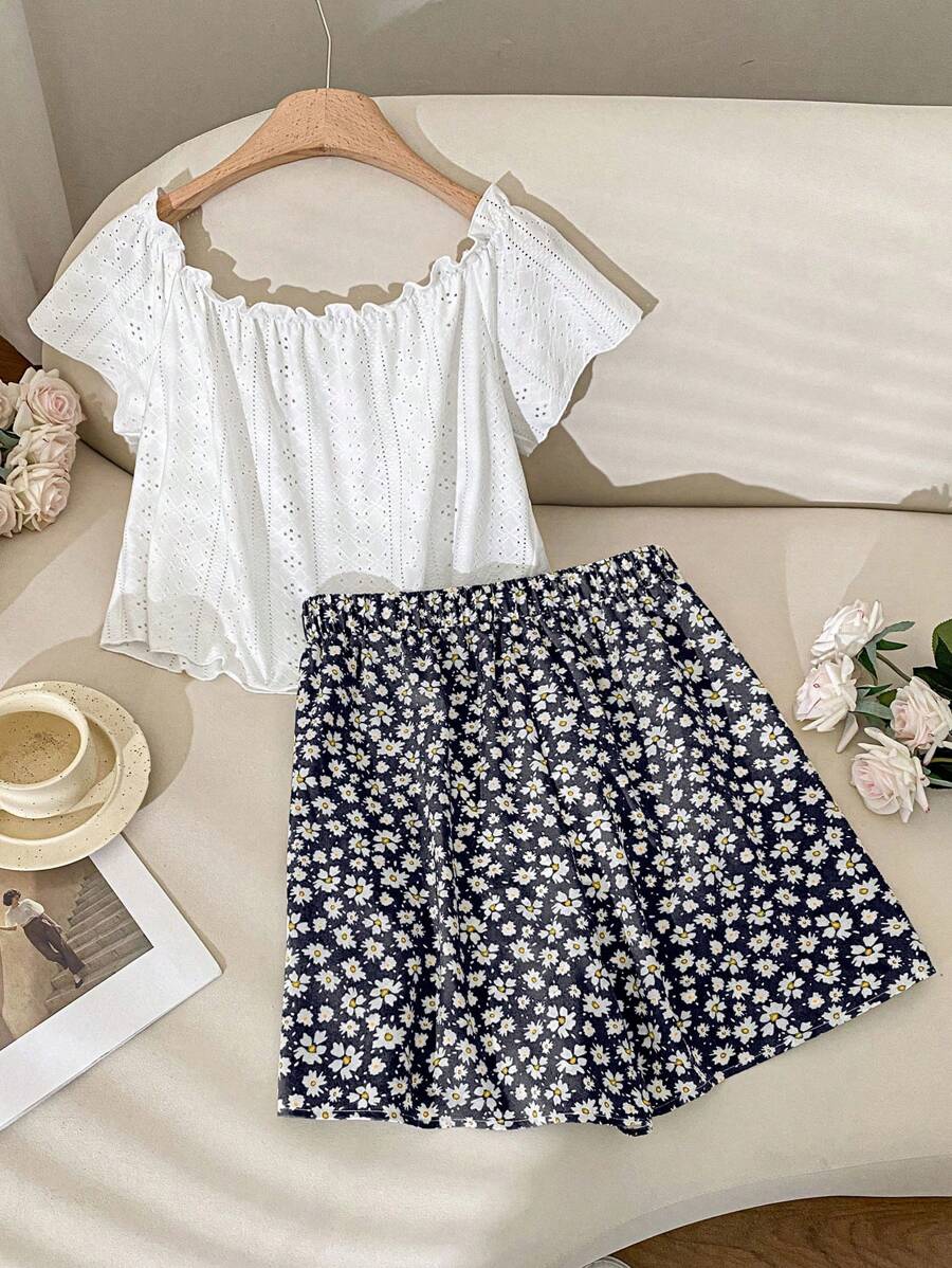 CosyJoli Plus Size Women's Two Pieces Set, Vacation Set, Off-The-Shoulder Top, One-Line Shoulder Top, Mom And Me Clothes, Women's Summer Two Pieces Set, Summer Set,Summer Outfits For Women Vacation Outfits Woman Beach,Spring Break Cute Tops Spring Break Outfits Vacation Two Pieces Set