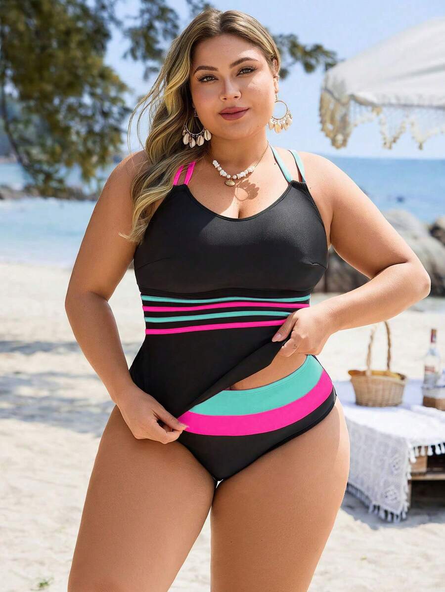 Swim Lushoire 2pcs Plus Size Women Solid Black Contrast Color Fashionable Retreat/Everyday Adjustable Strap Tummy Control Tankini Swimsuit For Summer Beach Vacation