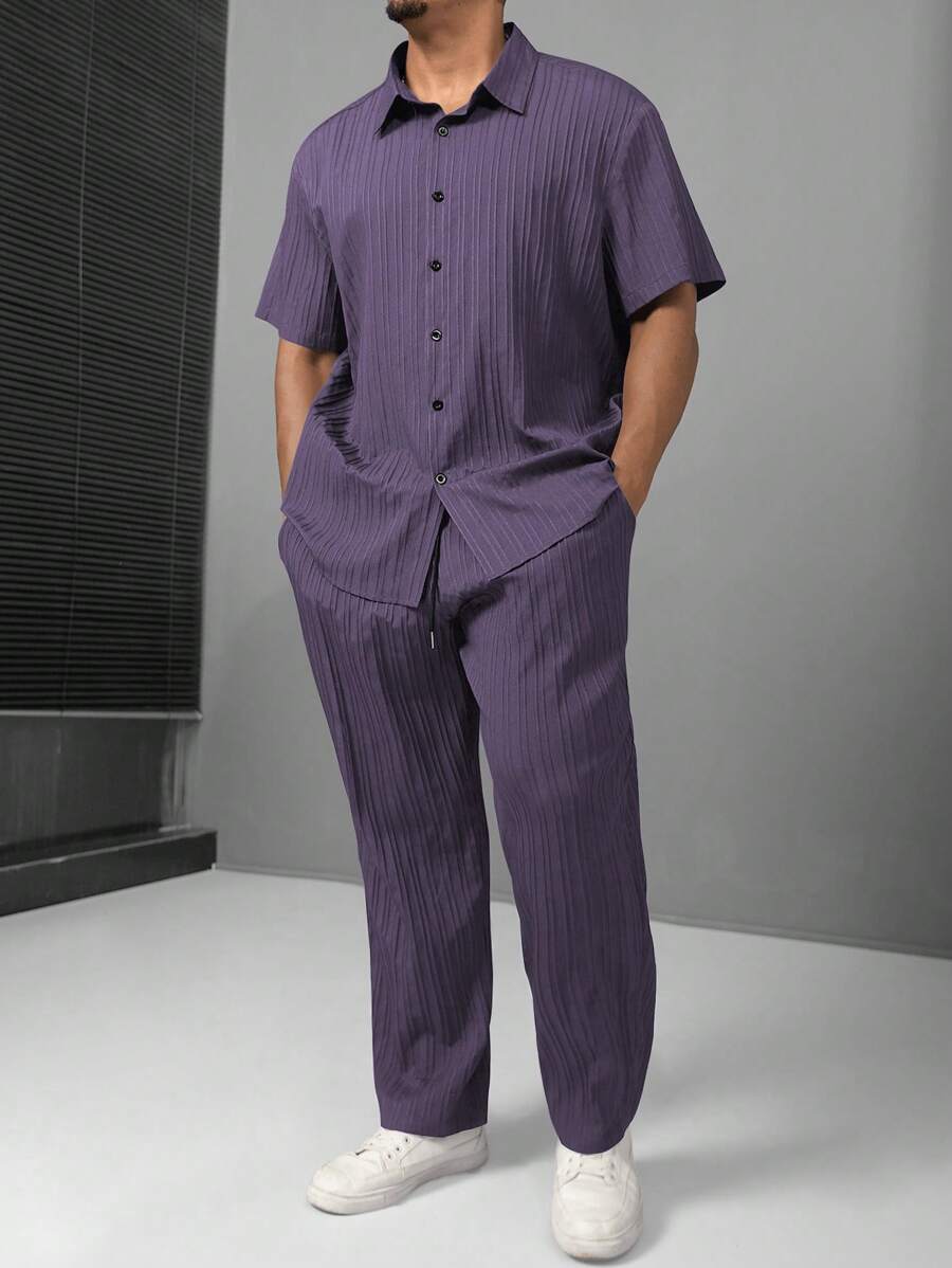 Manfinity Homme Conjunto de moda de verano de talla grande para hombre - Camisa de manga larga y pantalones
