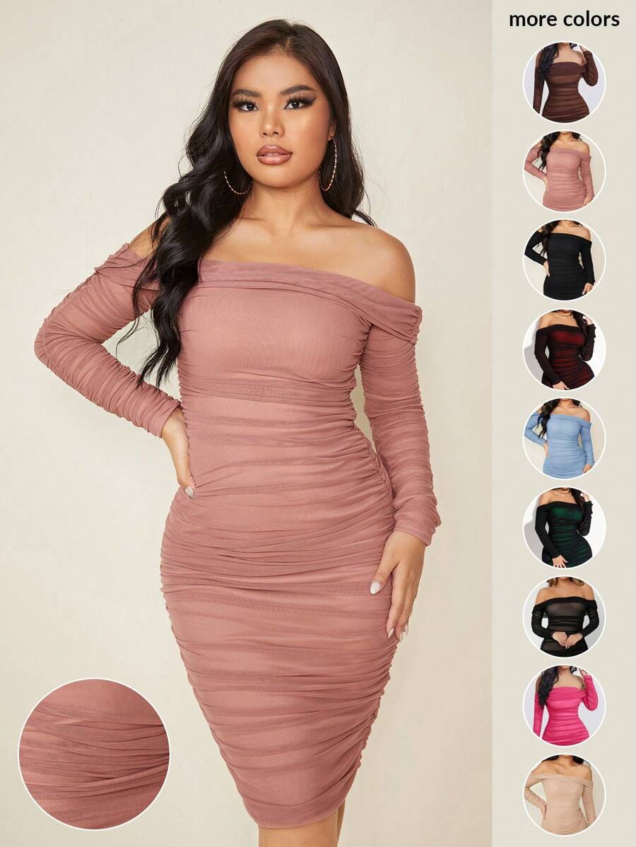 SHEIN SXY Vestido De Malla Entallado Con Hombros Descubiertos Con Pliegues